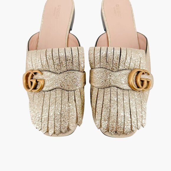 Gucci Marmont GG Fringe Flat Mule EU 38.5 US 8.5 Metallic Gold Kiltie Slip On - Picture 4 of 11